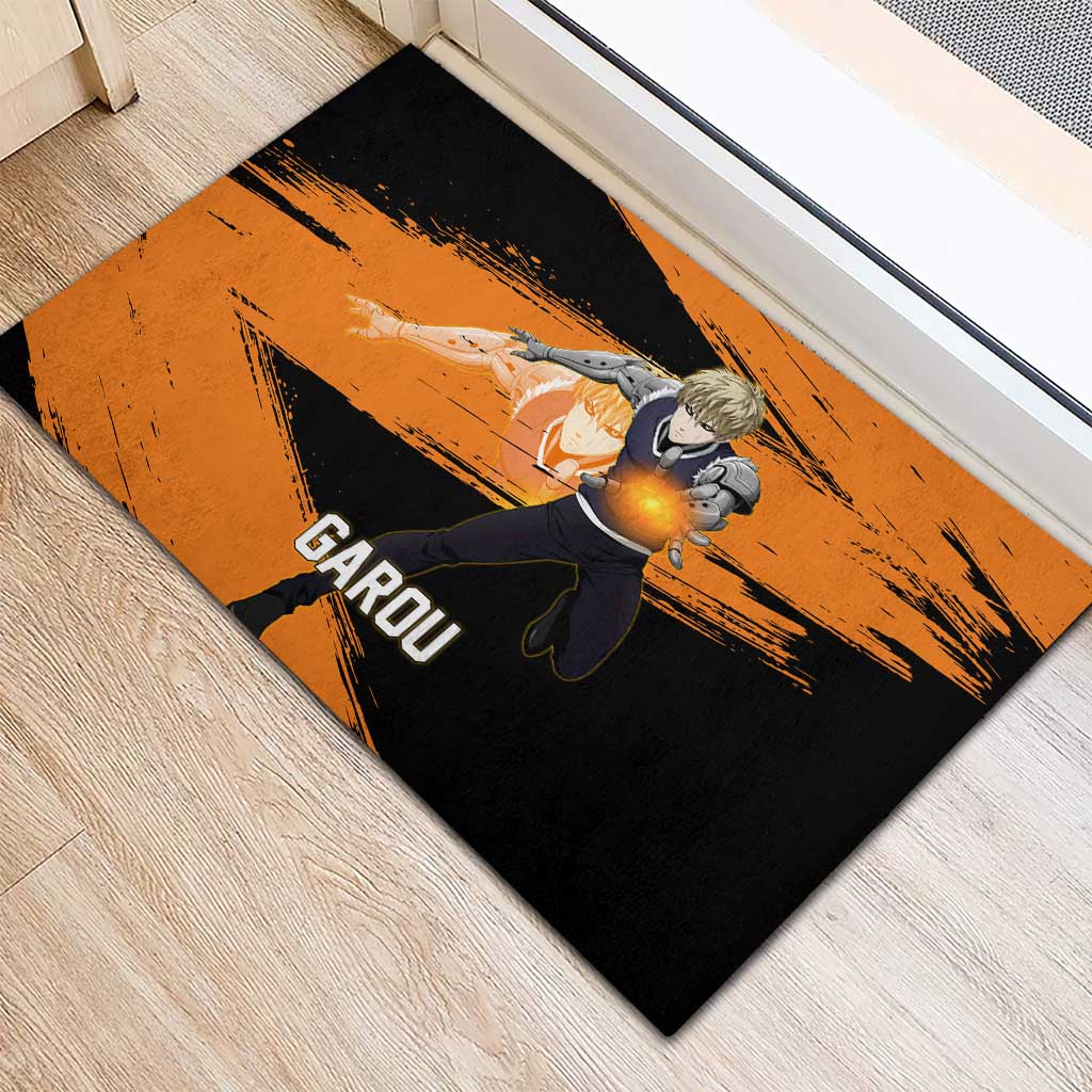 Genos One Punch Man Anime Orange and Black Theme Rubber Doormat with Cyborg Arm Blast and Intense Action Pose - The Mazicc