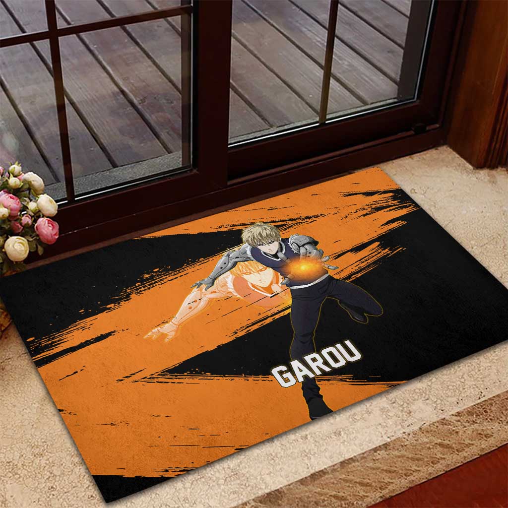 Genos One Punch Man Anime Orange and Black Theme Rubber Doormat with Cyborg Arm Blast and Intense Action Pose - The Mazicc
