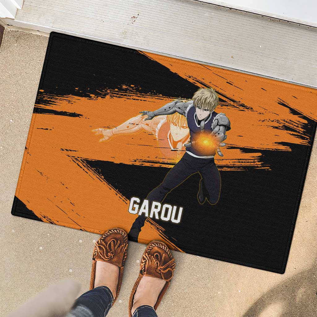 Genos One Punch Man Anime Orange and Black Theme Rubber Doormat with Cyborg Arm Blast and Intense Action Pose - The Mazicc