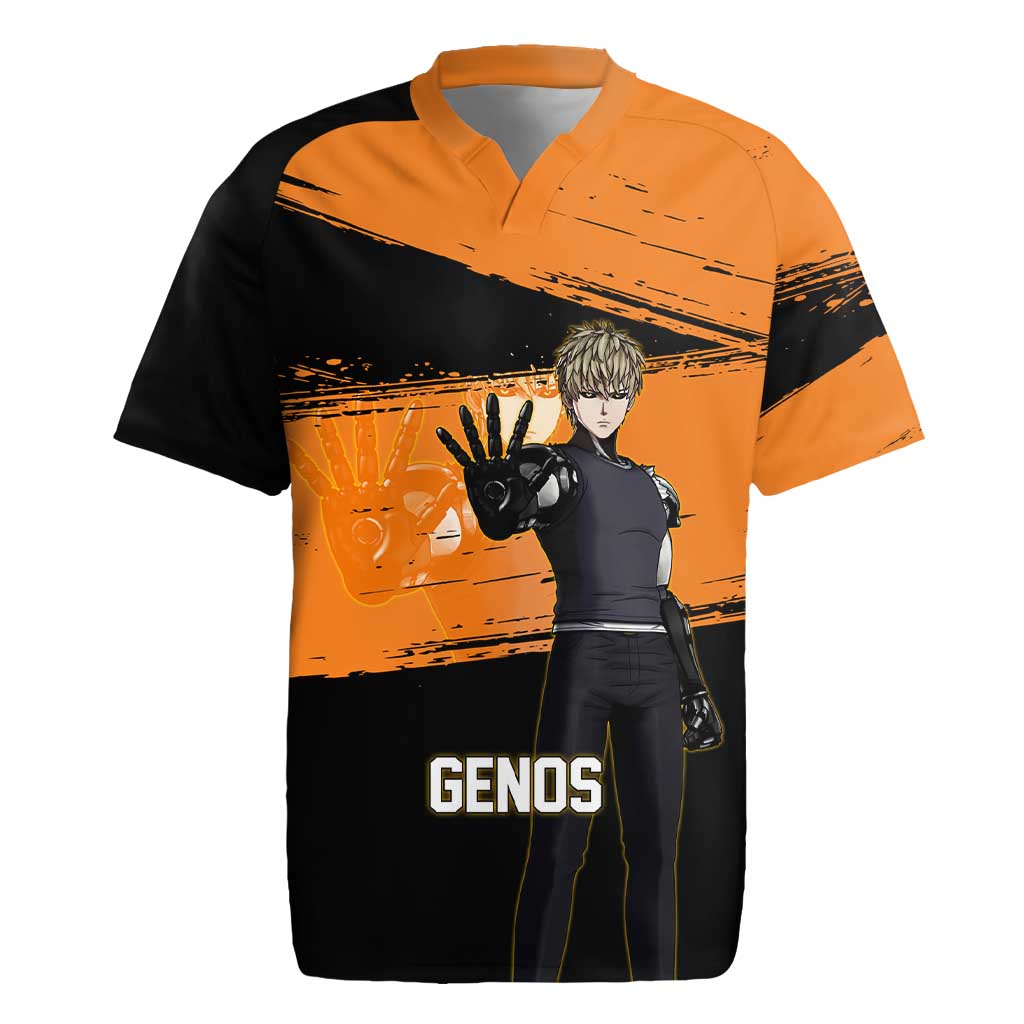 Genos One Punch Man Anime Orange and Black Theme Rugby Jersey with Cyborg Arm Blast and Intense Action Pose - The Mazicc