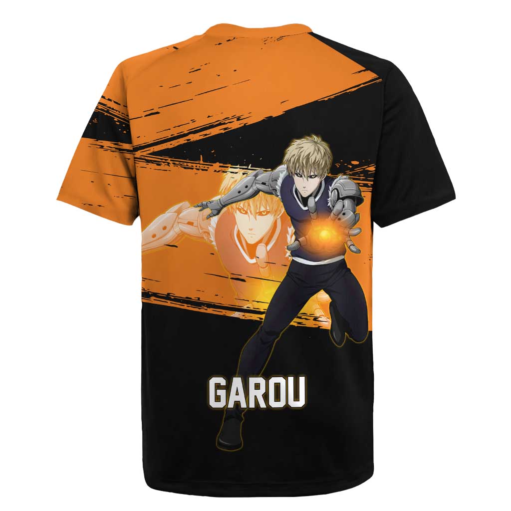 Genos One Punch Man Anime Orange and Black Theme Rugby Jersey with Cyborg Arm Blast and Intense Action Pose - The Mazicc