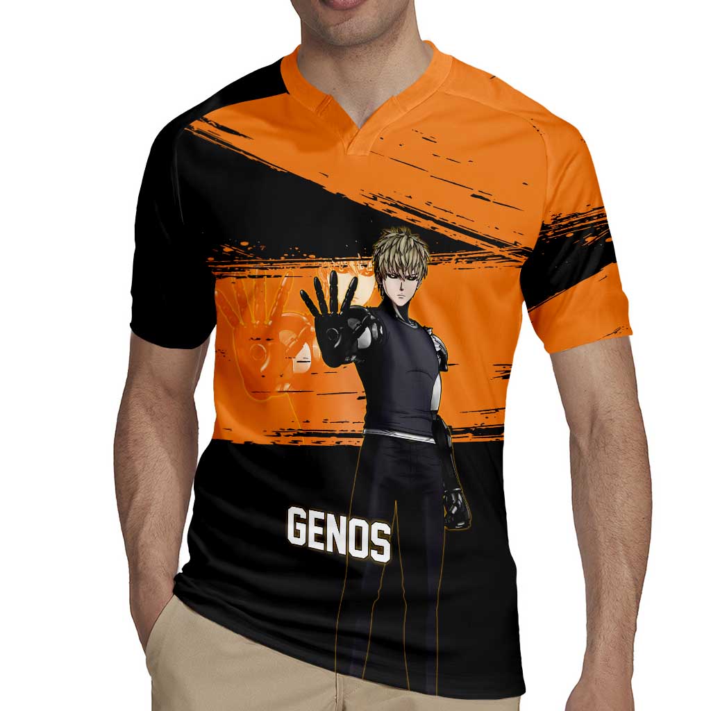 Genos One Punch Man Anime Orange and Black Theme Rugby Jersey with Cyborg Arm Blast and Intense Action Pose - The Mazicc