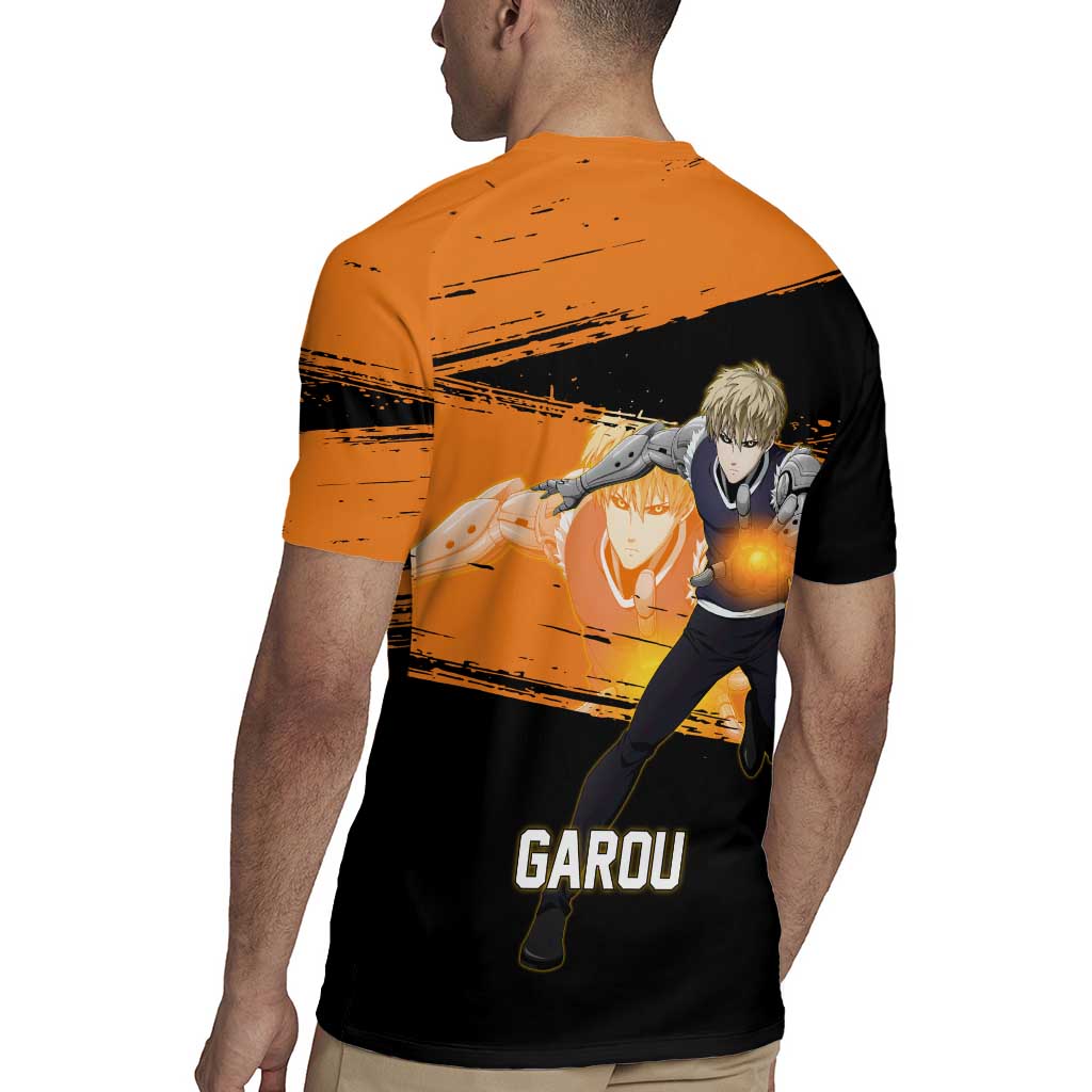 Genos One Punch Man Anime Orange and Black Theme Rugby Jersey with Cyborg Arm Blast and Intense Action Pose - The Mazicc