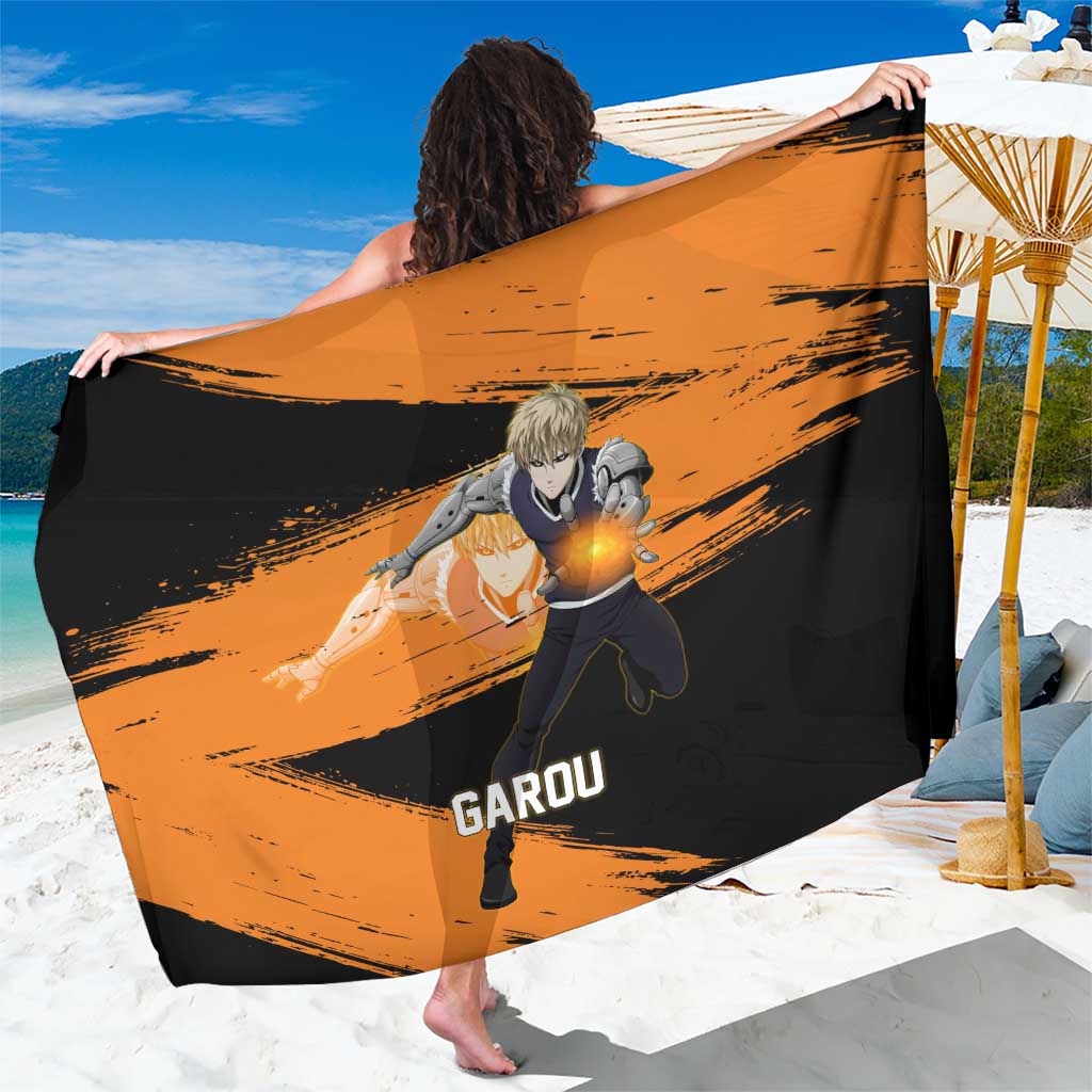 Genos One Punch Man Anime Orange and Black Theme Sarong with Cyborg Arm Blast and Intense Action Pose - The Mazicc