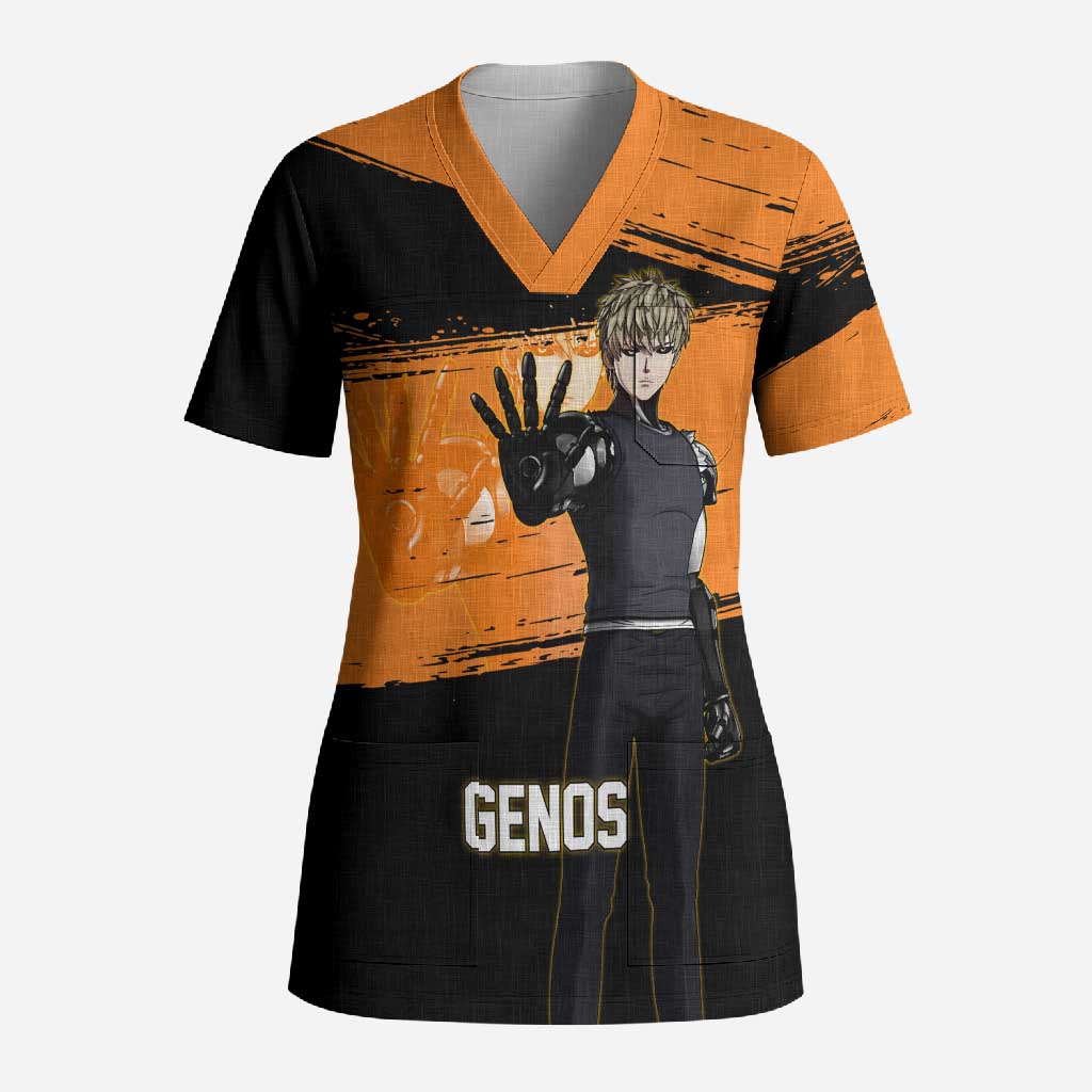 Genos One Punch Man Anime Orange and Black Theme Scrub Top with Cyborg Arm Blast and Intense Action Pose - The Mazicc