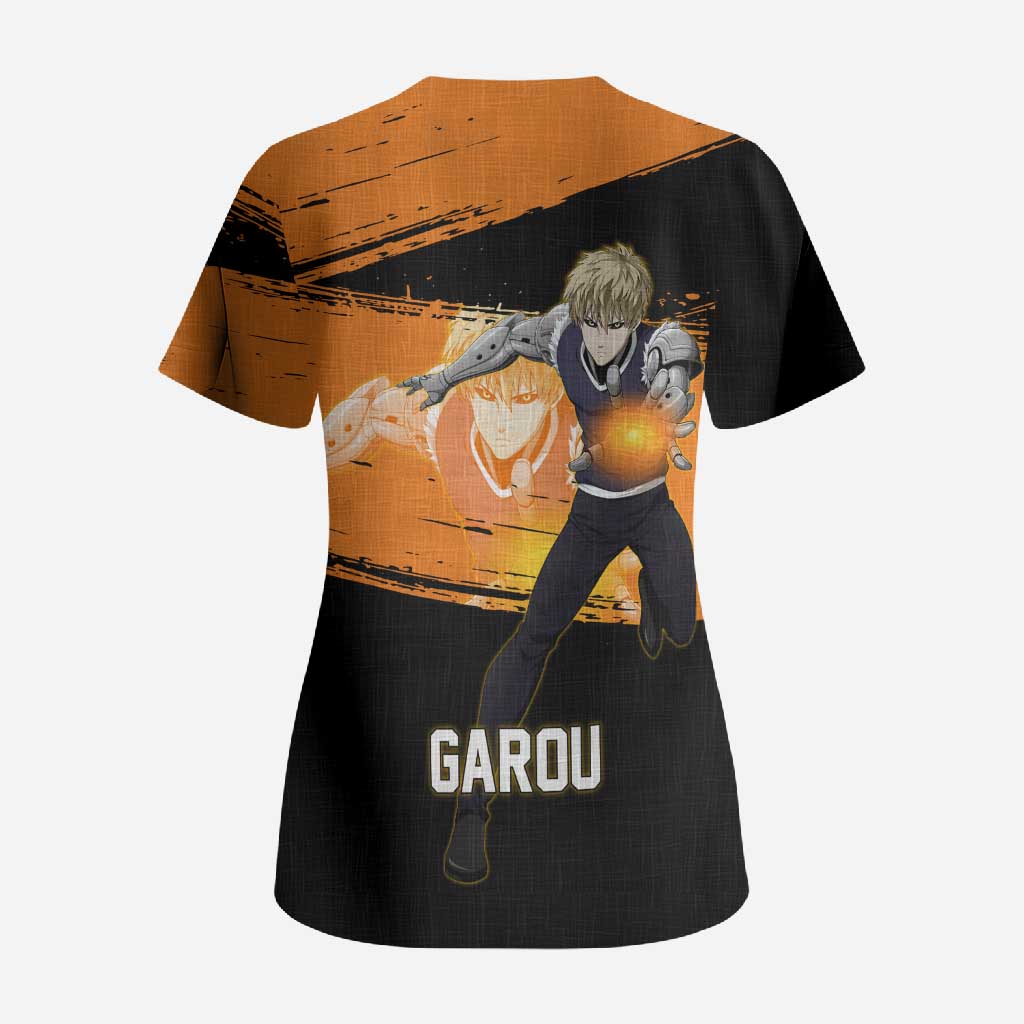 Genos One Punch Man Anime Orange and Black Theme Scrub Top with Cyborg Arm Blast and Intense Action Pose - The Mazicc