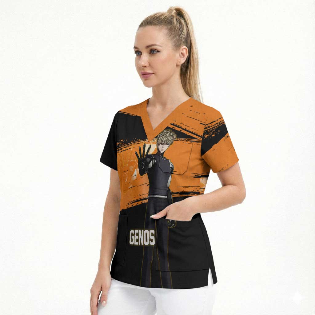 Genos One Punch Man Anime Orange and Black Theme Scrub Top with Cyborg Arm Blast and Intense Action Pose - The Mazicc