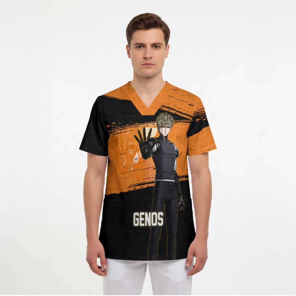 Genos One Punch Man Anime Orange and Black Theme Scrub Top with Cyborg Arm Blast and Intense Action Pose - The Mazicc