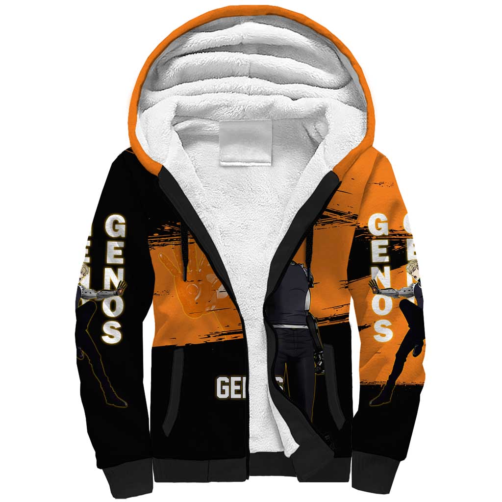 Genos One Punch Man Anime Orange and Black Theme Sherpa Hoodie with Cyborg Arm Blast and Intense Action Pose - The Mazicc