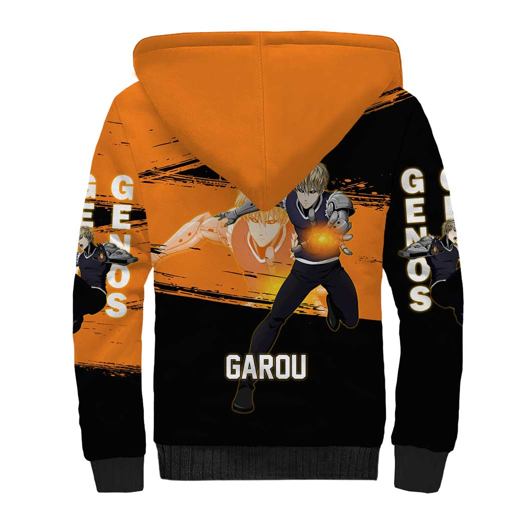 Genos One Punch Man Anime Orange and Black Theme Sherpa Hoodie with Cyborg Arm Blast and Intense Action Pose - The Mazicc