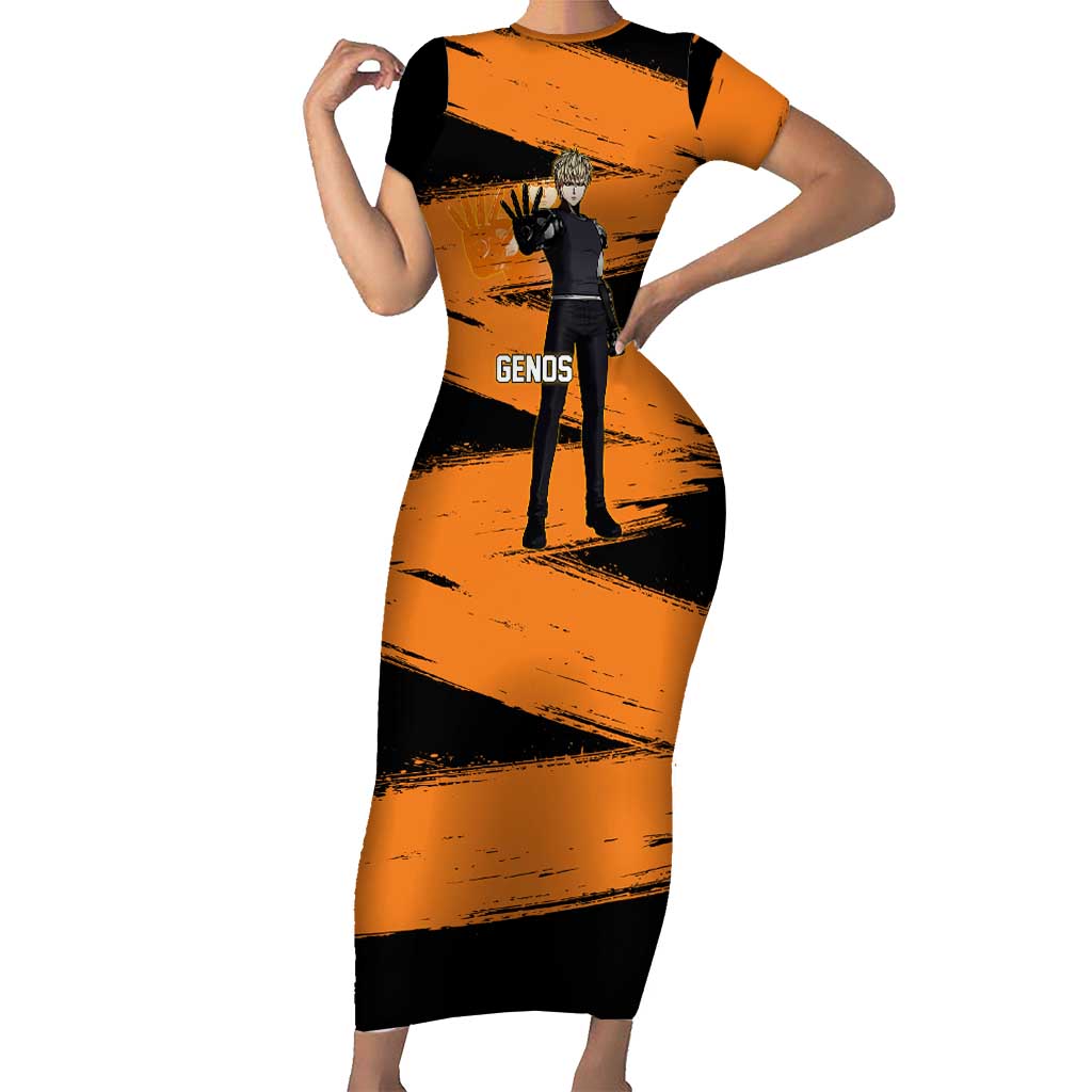 Genos One Punch Man Anime Orange and Black Theme Short Sleeve Bodycon Dress with Cyborg Arm Blast and Intense Action Pose - The Mazicc