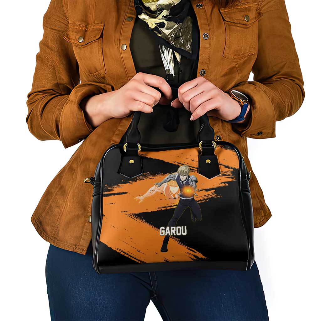 Genos One Punch Man Anime Orange and Black Theme Shoulder Handbag with Cyborg Arm Blast and Intense Action Pose - The Mazicc