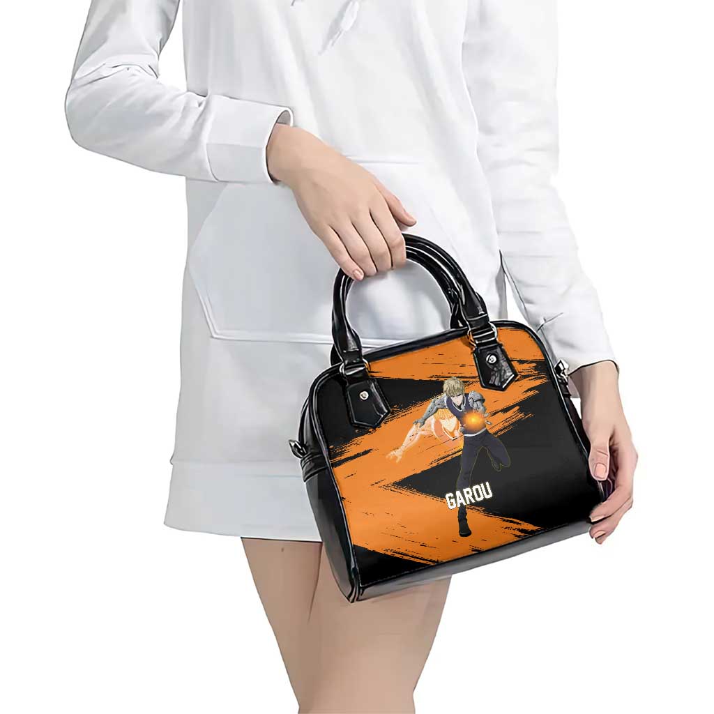 Genos One Punch Man Anime Orange and Black Theme Shoulder Handbag with Cyborg Arm Blast and Intense Action Pose - The Mazicc