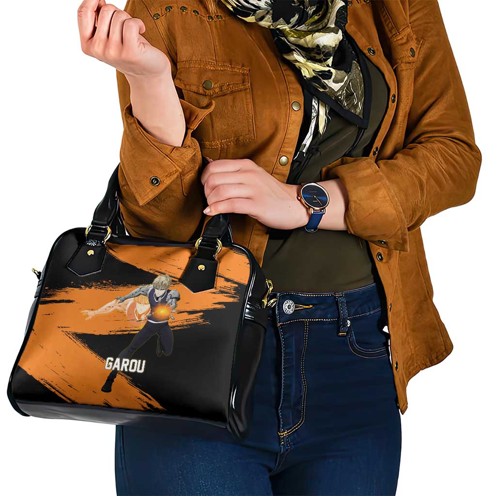 Genos One Punch Man Anime Orange and Black Theme Shoulder Handbag with Cyborg Arm Blast and Intense Action Pose - The Mazicc