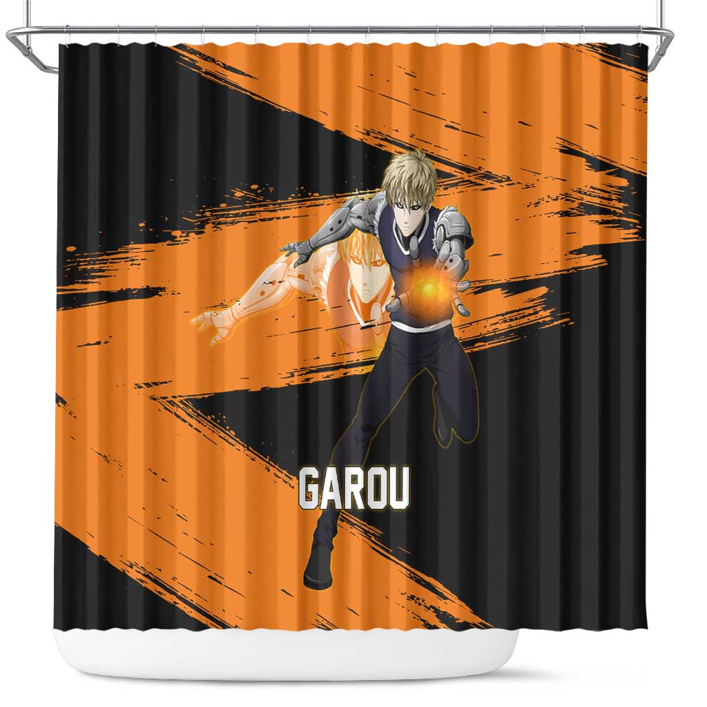 Genos One Punch Man Anime Orange and Black Theme Shower Curtain with Cyborg Arm Blast and Intense Action Pose - The Mazicc