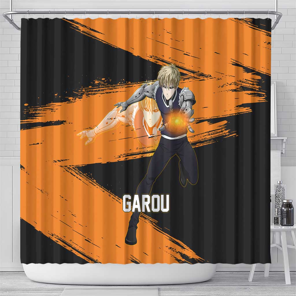 Genos One Punch Man Anime Orange and Black Theme Shower Curtain with Cyborg Arm Blast and Intense Action Pose - The Mazicc