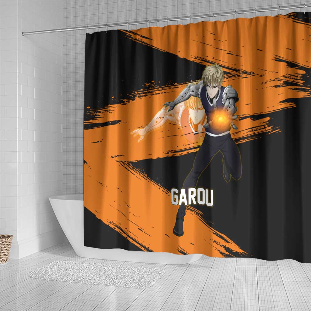 Genos One Punch Man Anime Orange and Black Theme Shower Curtain with Cyborg Arm Blast and Intense Action Pose - The Mazicc