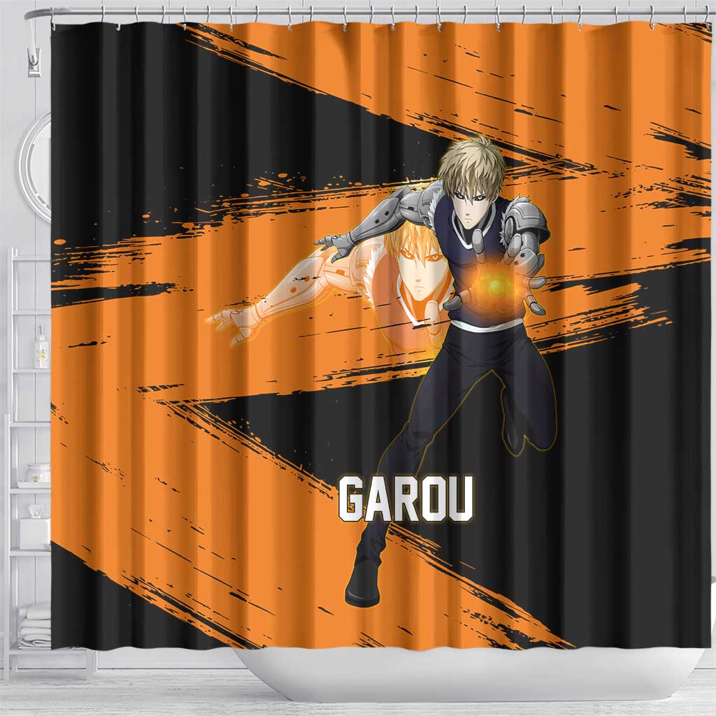 Genos One Punch Man Anime Orange and Black Theme Shower Curtain with Cyborg Arm Blast and Intense Action Pose - The Mazicc