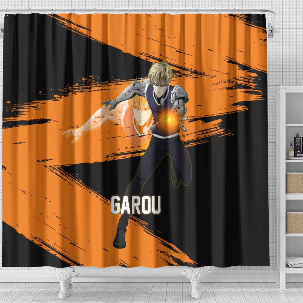 Genos One Punch Man Anime Orange and Black Theme Shower Curtain with Cyborg Arm Blast and Intense Action Pose - The Mazicc