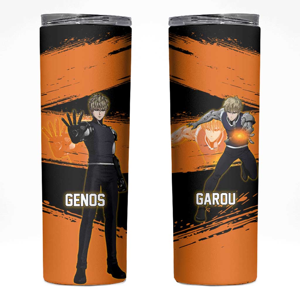 Genos One Punch Man Anime Orange and Black Theme Skinny Tumbler with Cyborg Arm Blast and Intense Action Pose - The Mazicc