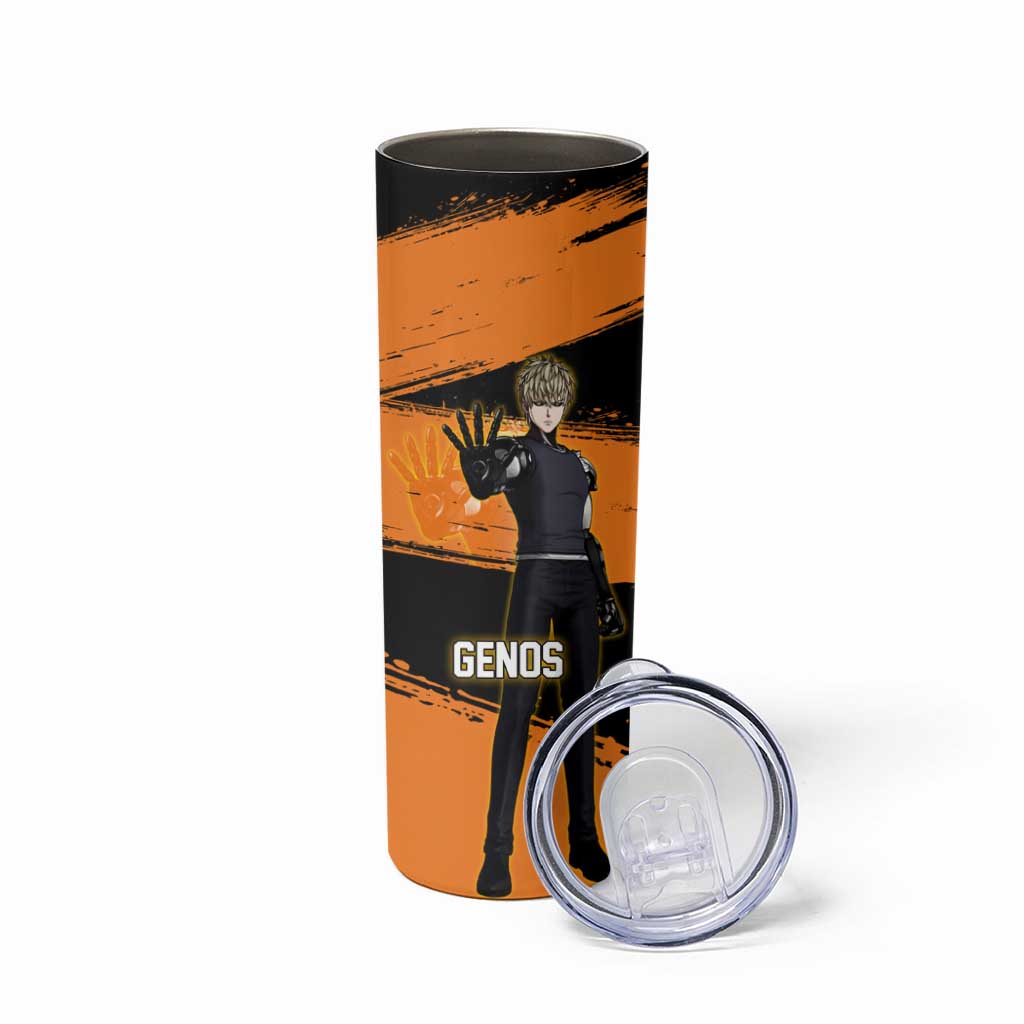 Genos One Punch Man Anime Orange and Black Theme Skinny Tumbler with Cyborg Arm Blast and Intense Action Pose - The Mazicc