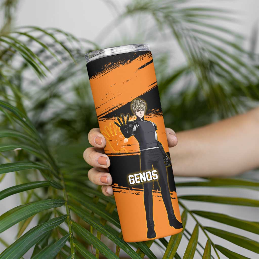 Genos One Punch Man Anime Orange and Black Theme Skinny Tumbler with Cyborg Arm Blast and Intense Action Pose - The Mazicc