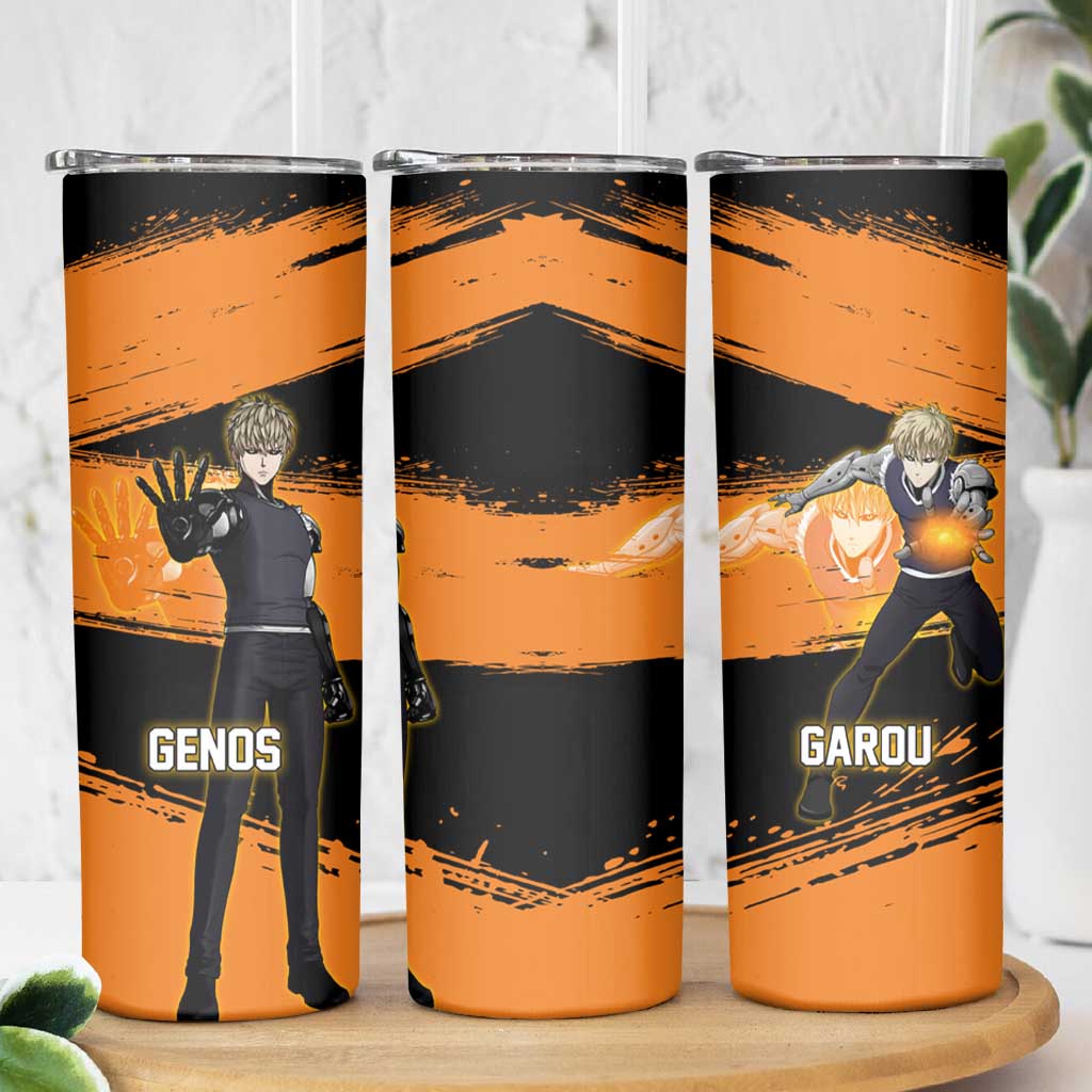 Genos One Punch Man Anime Orange and Black Theme Skinny Tumbler with Cyborg Arm Blast and Intense Action Pose - The Mazicc