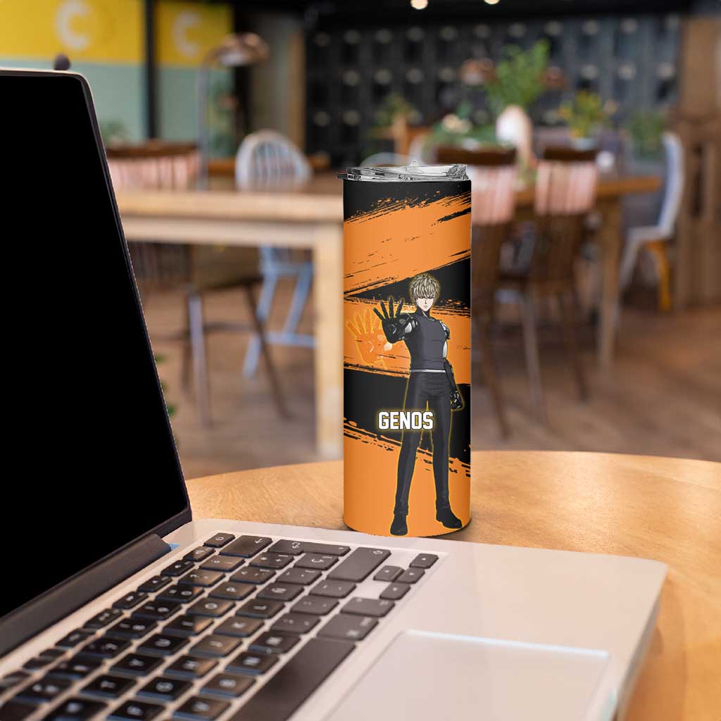 Genos One Punch Man Anime Orange and Black Theme Skinny Tumbler with Cyborg Arm Blast and Intense Action Pose - The Mazicc