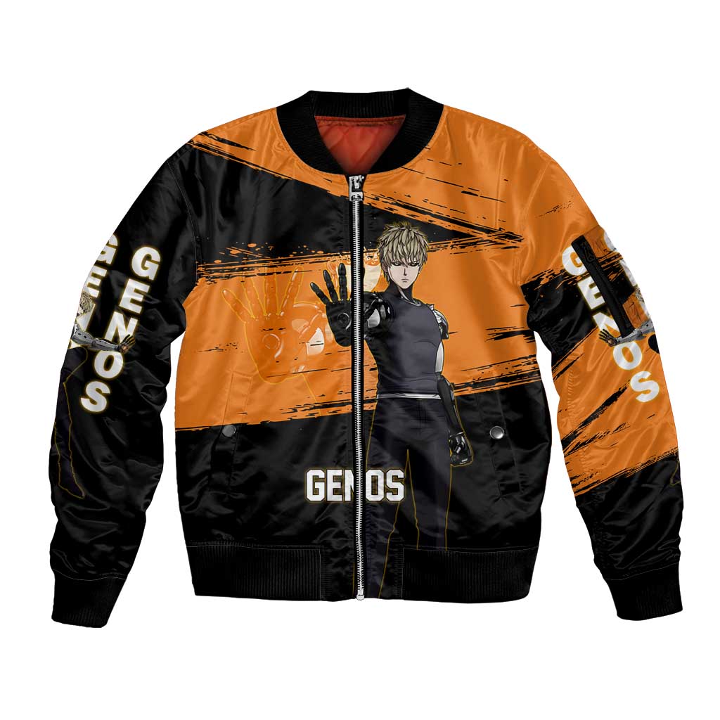 Genos One Punch Man Anime Orange and Black Theme Sleeve Zip Bomber Jacket with Cyborg Arm Blast and Intense Action Pose - The Mazicc