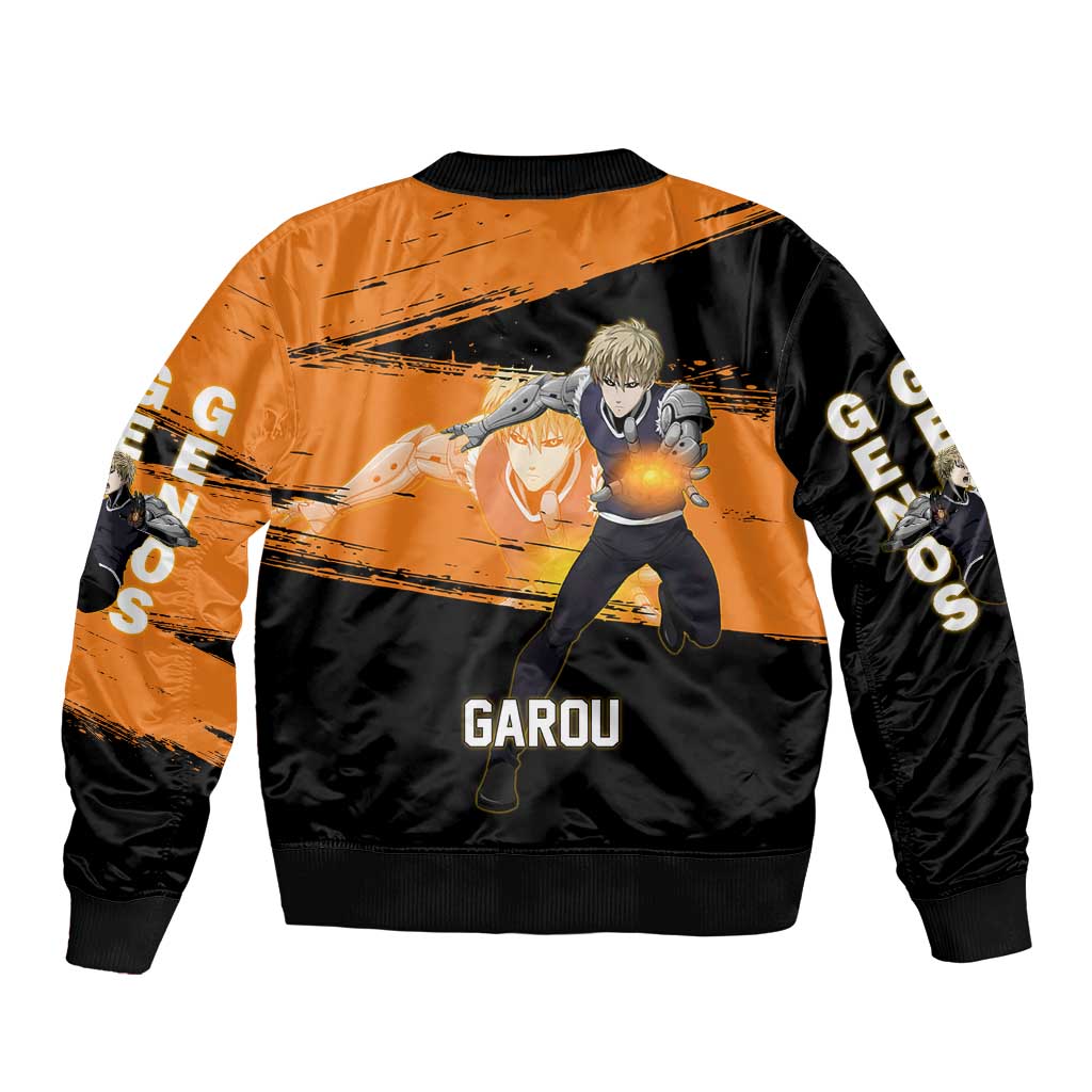 Genos One Punch Man Anime Orange and Black Theme Sleeve Zip Bomber Jacket with Cyborg Arm Blast and Intense Action Pose - The Mazicc