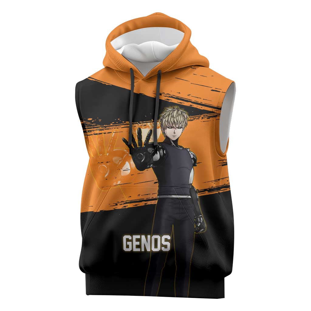 Genos One Punch Man Anime Orange and Black Theme Sleeveless Hoodie with Cyborg Arm Blast and Intense Action Pose - The Mazicc
