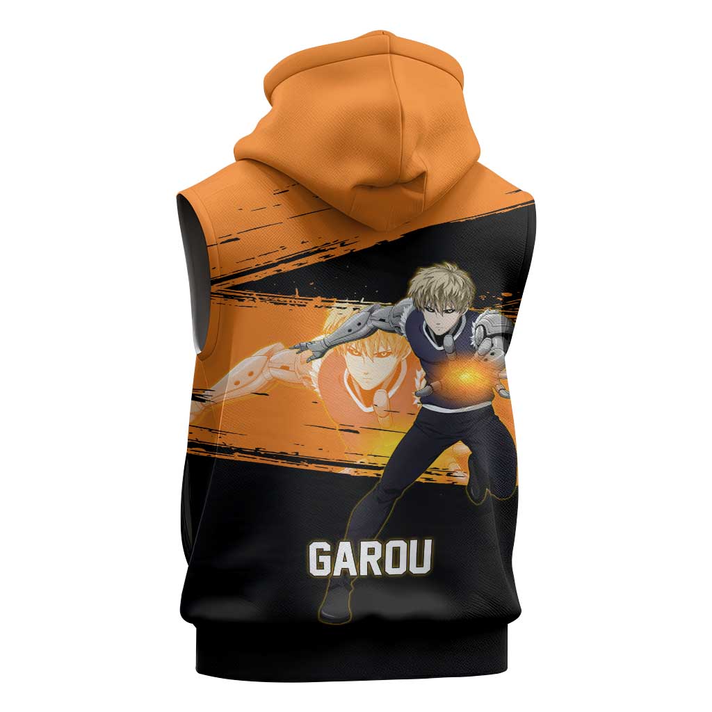 Genos One Punch Man Anime Orange and Black Theme Sleeveless Hoodie with Cyborg Arm Blast and Intense Action Pose - The Mazicc