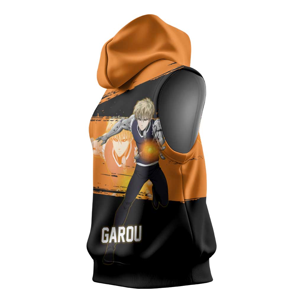 Genos One Punch Man Anime Orange and Black Theme Sleeveless Hoodie with Cyborg Arm Blast and Intense Action Pose - The Mazicc