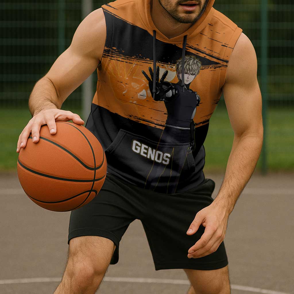 Genos One Punch Man Anime Orange and Black Theme Sleeveless Hoodie with Cyborg Arm Blast and Intense Action Pose - The Mazicc