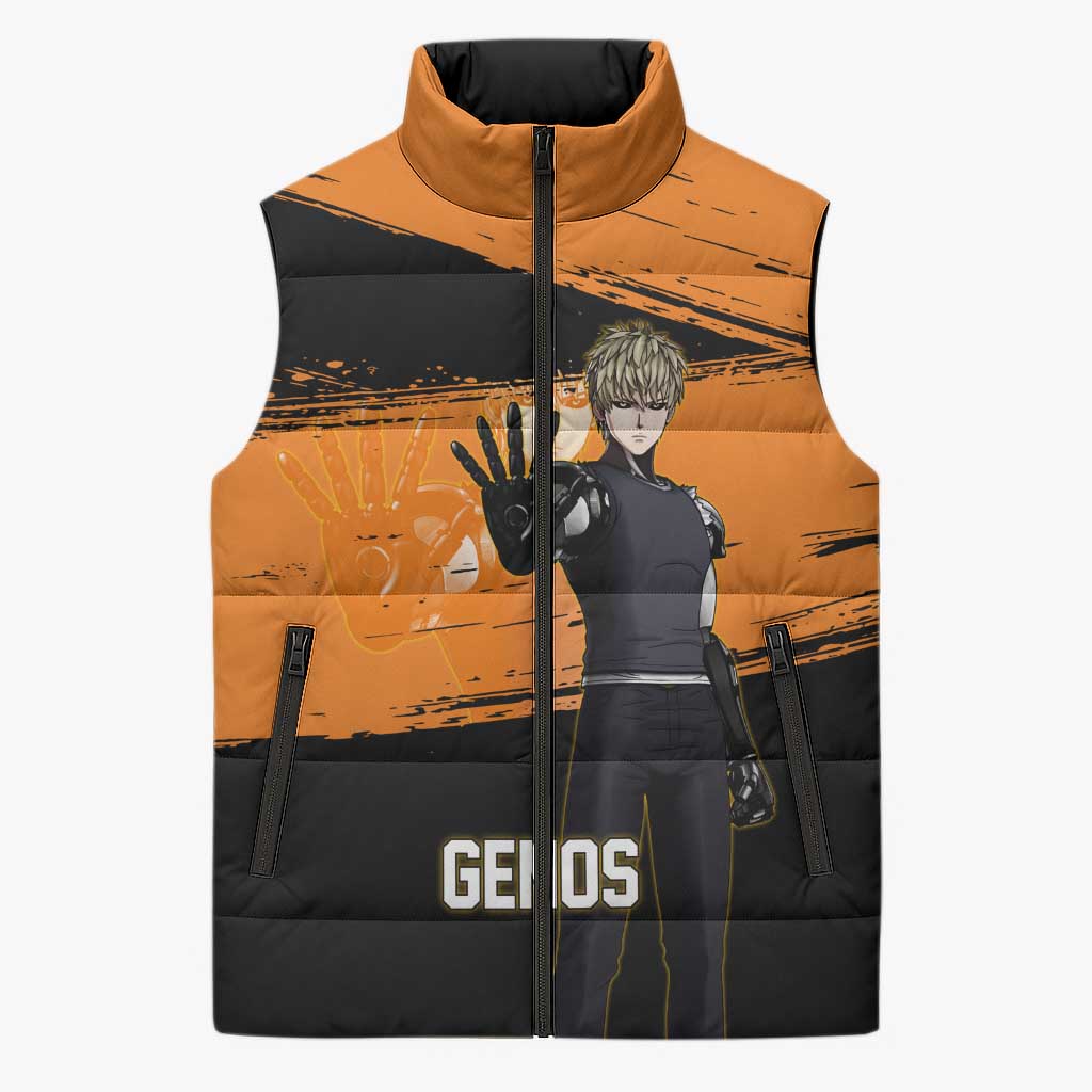 Genos One Punch Man Anime Orange and Black Theme Sleeveless Puffer Jacket with Cyborg Arm Blast and Intense Action Pose - The Mazicc