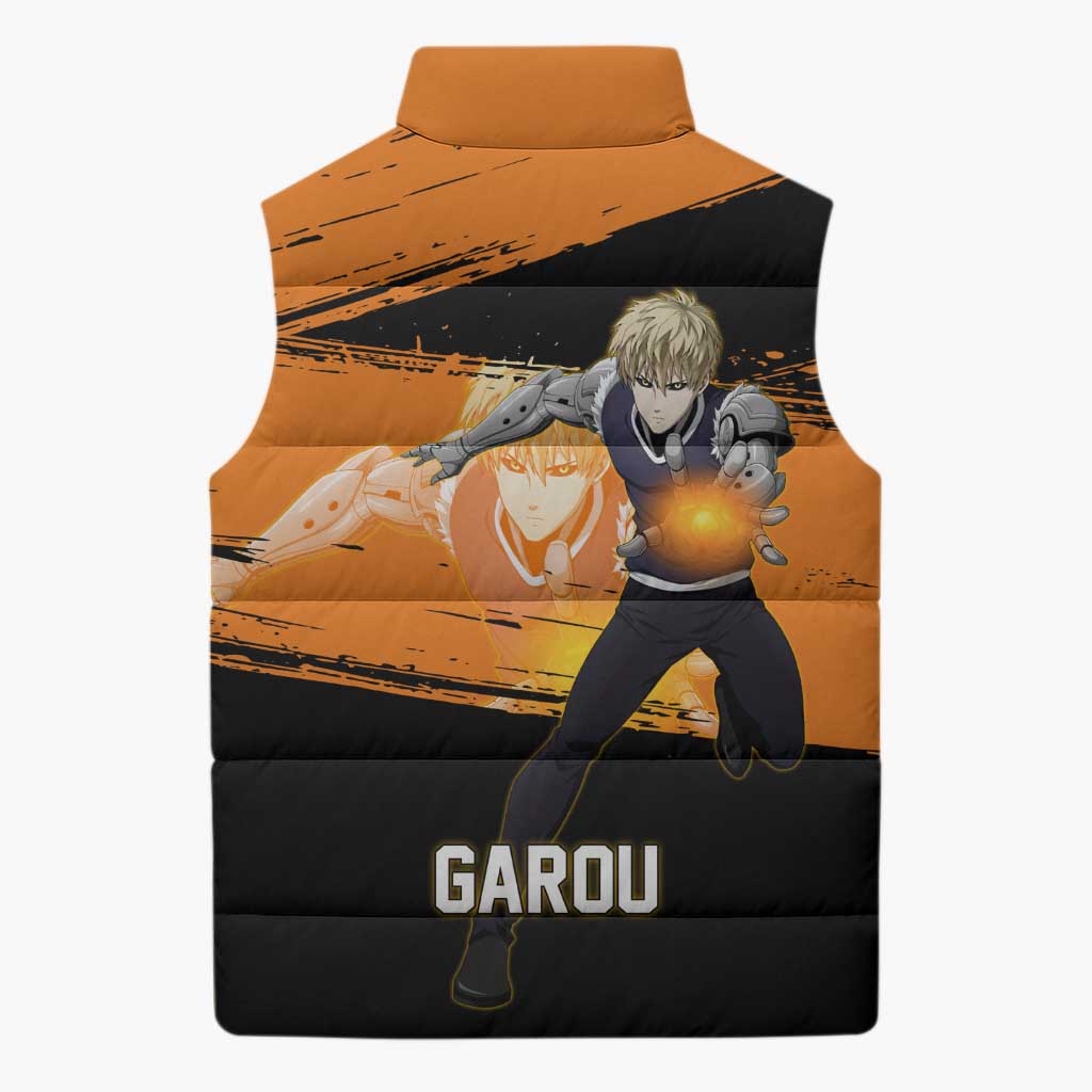 Genos One Punch Man Anime Orange and Black Theme Sleeveless Puffer Jacket with Cyborg Arm Blast and Intense Action Pose - The Mazicc