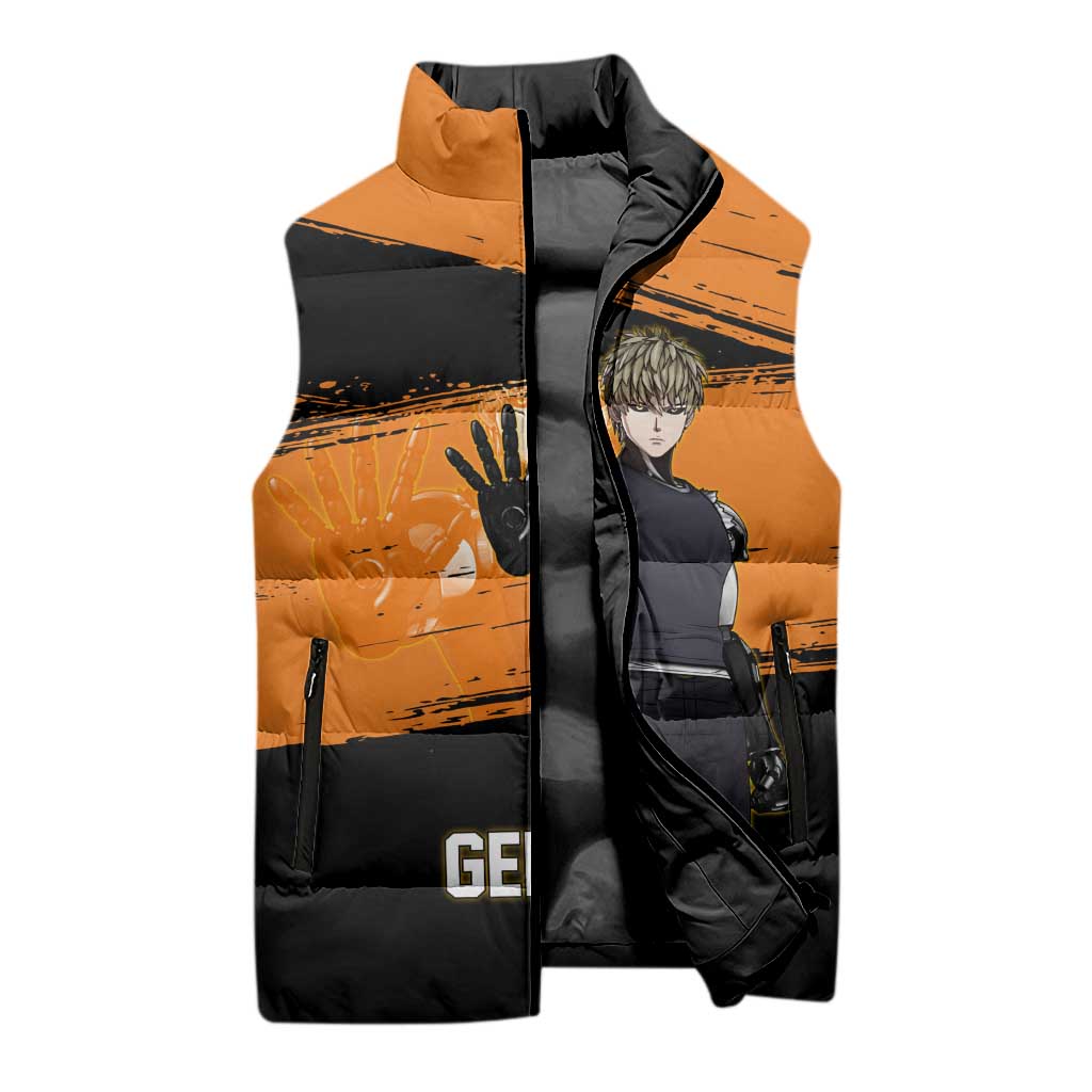 Genos One Punch Man Anime Orange and Black Theme Sleeveless Puffer Jacket with Cyborg Arm Blast and Intense Action Pose - The Mazicc
