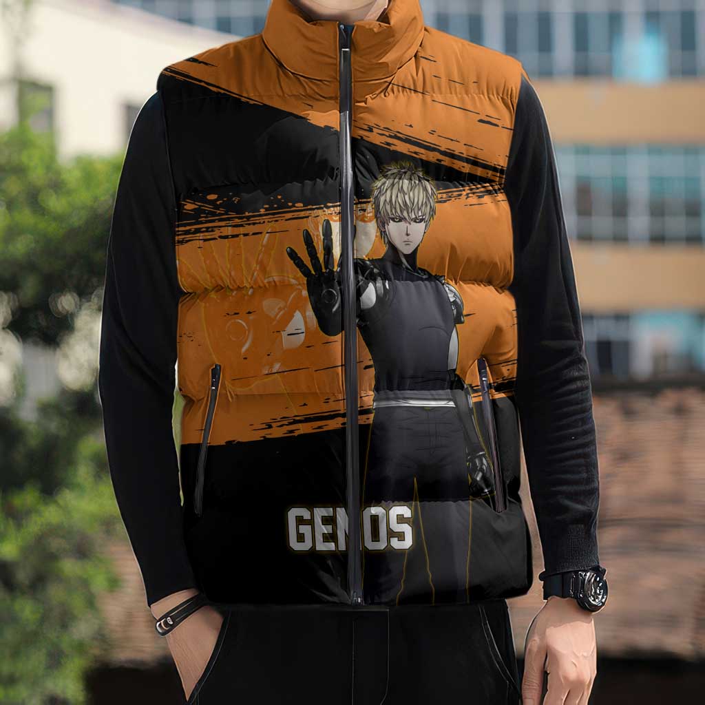 Genos One Punch Man Anime Orange and Black Theme Sleeveless Puffer Jacket with Cyborg Arm Blast and Intense Action Pose - The Mazicc