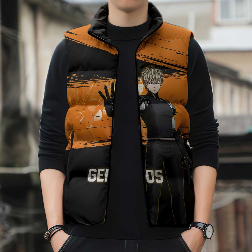 Genos One Punch Man Anime Orange and Black Theme Sleeveless Puffer Jacket with Cyborg Arm Blast and Intense Action Pose - The Mazicc