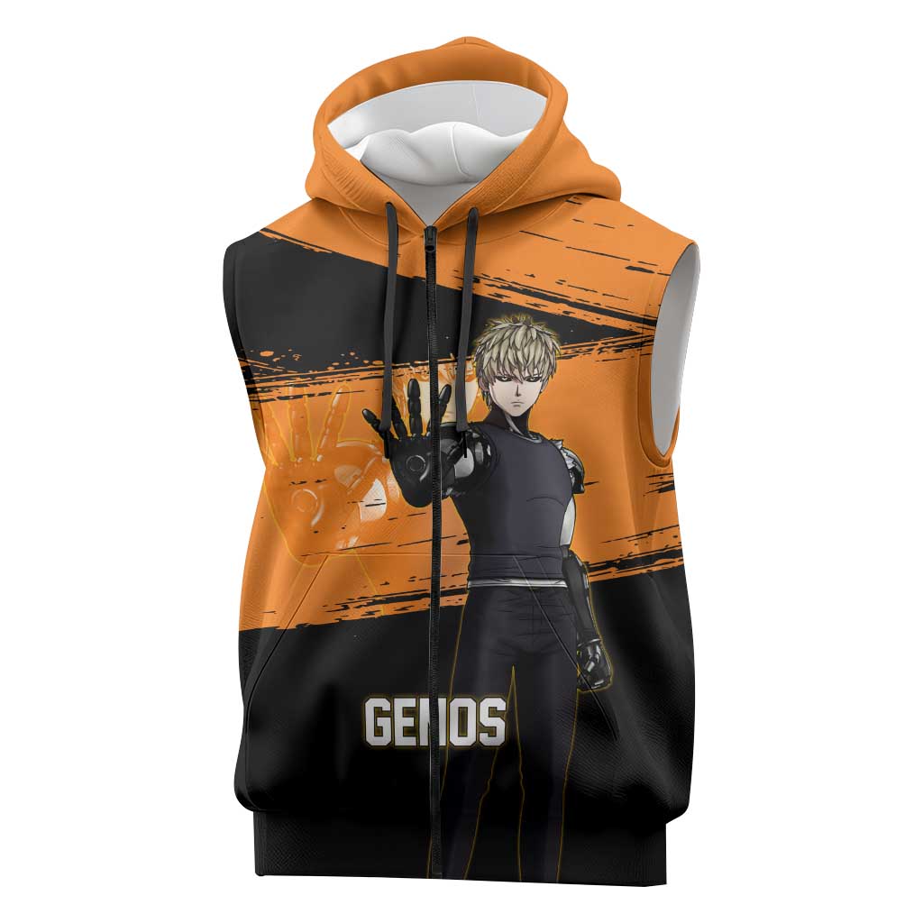 Genos One Punch Man Anime Orange and Black Theme Sleeveless Zip Hoodie with Cyborg Arm Blast and Intense Action Pose - The Mazicc