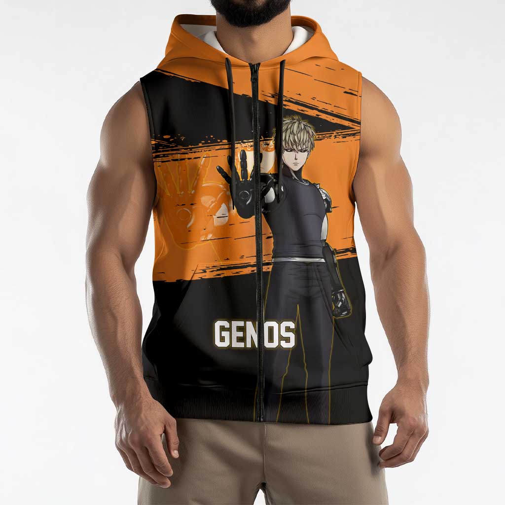 Genos One Punch Man Anime Orange and Black Theme Sleeveless Zip Hoodie with Cyborg Arm Blast and Intense Action Pose - The Mazicc
