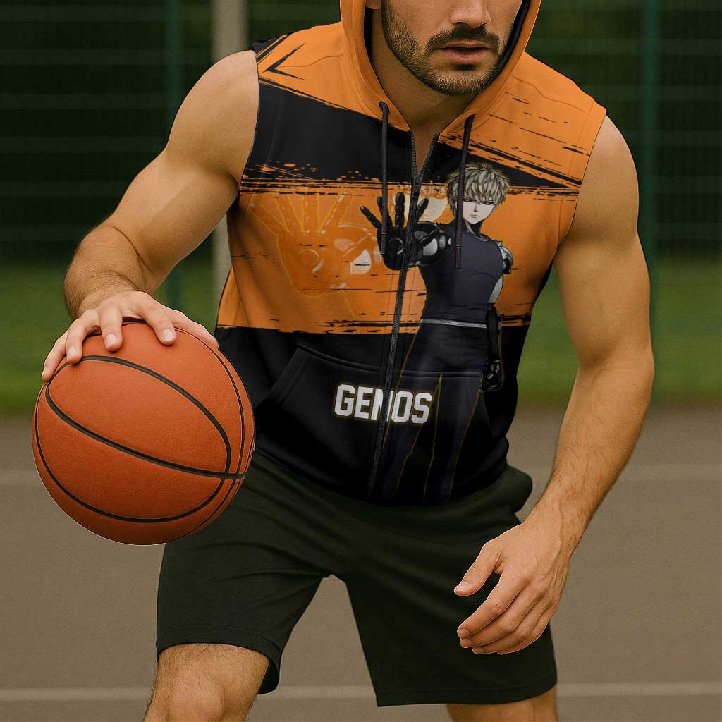 Genos One Punch Man Anime Orange and Black Theme Sleeveless Zip Hoodie with Cyborg Arm Blast and Intense Action Pose - The Mazicc