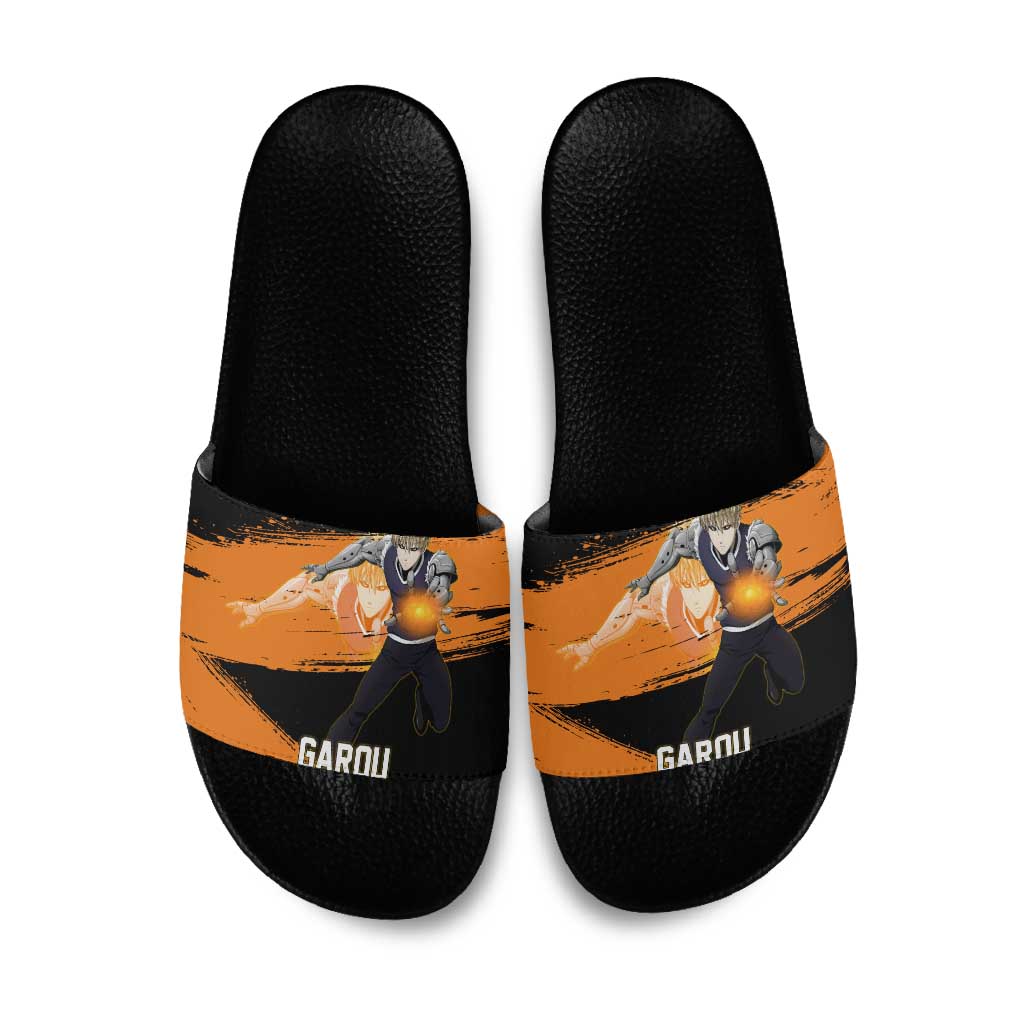 Genos One Punch Man Anime Orange and Black Theme Slide Sandals with Cyborg Arm Blast and Intense Action Pose - The Mazicc
