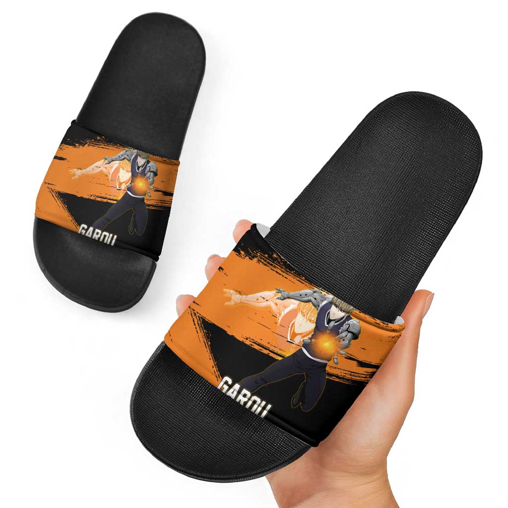 Genos One Punch Man Anime Orange and Black Theme Slide Sandals with Cyborg Arm Blast and Intense Action Pose - The Mazicc