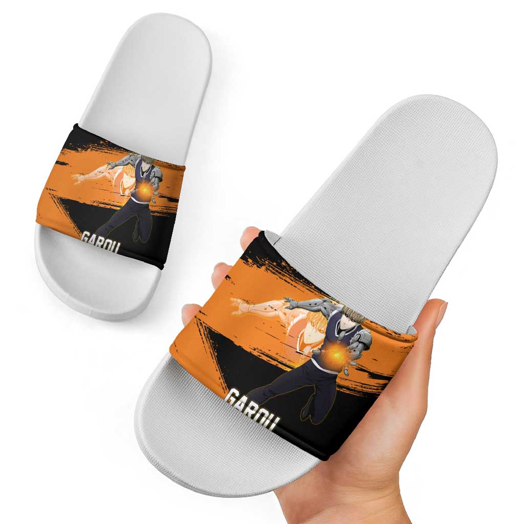 Genos One Punch Man Anime Orange and Black Theme Slide Sandals with Cyborg Arm Blast and Intense Action Pose - The Mazicc