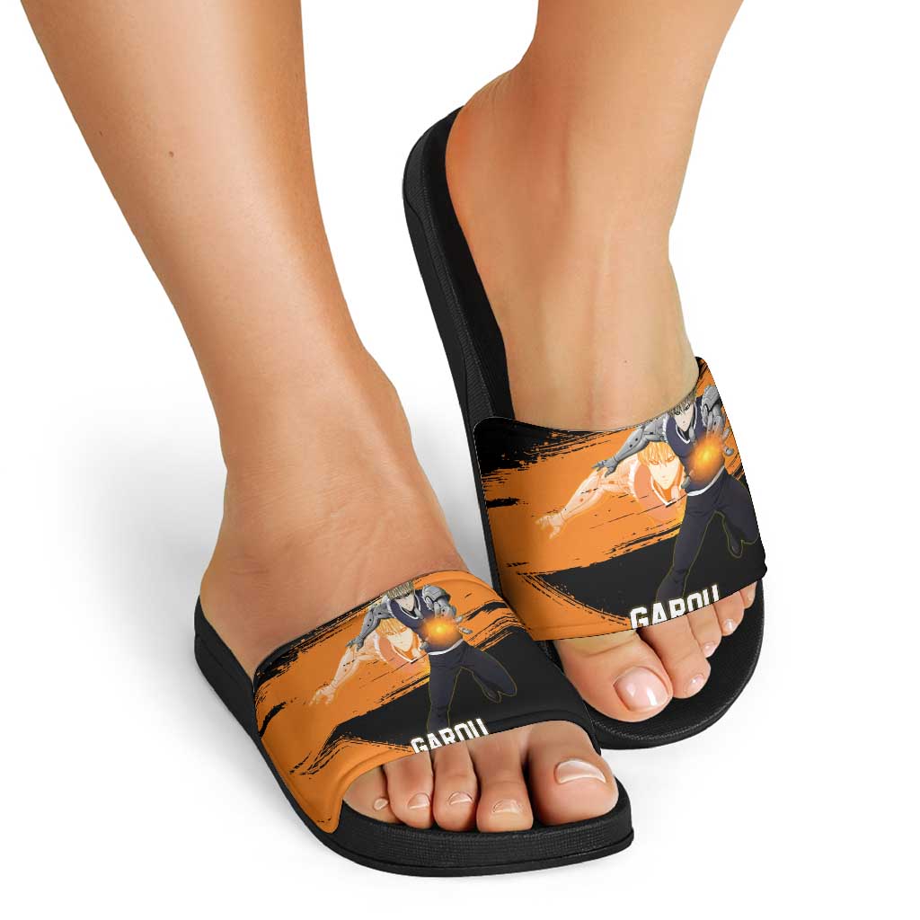 Genos One Punch Man Anime Orange and Black Theme Slide Sandals with Cyborg Arm Blast and Intense Action Pose - The Mazicc