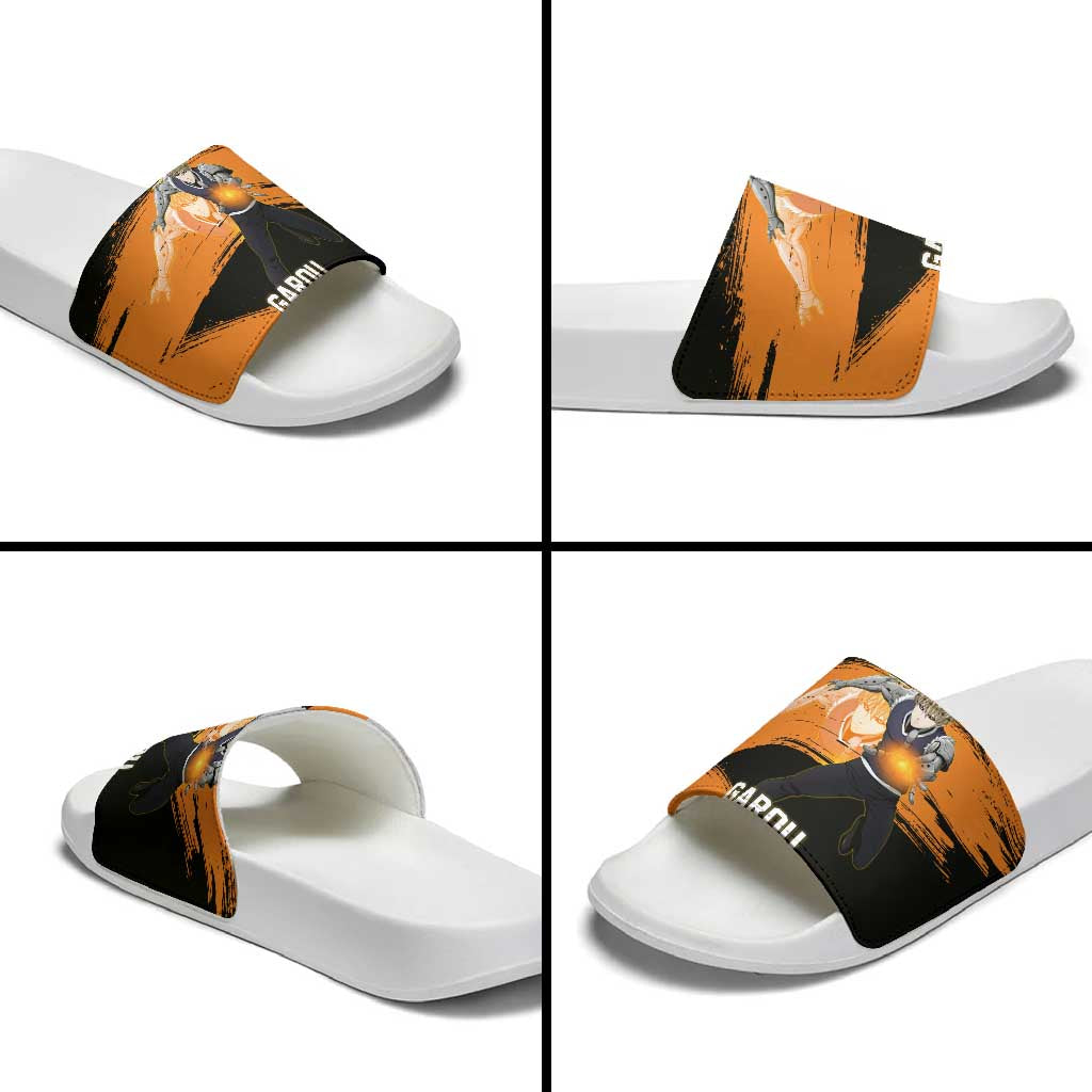 Genos One Punch Man Anime Orange and Black Theme Slide Sandals with Cyborg Arm Blast and Intense Action Pose - The Mazicc