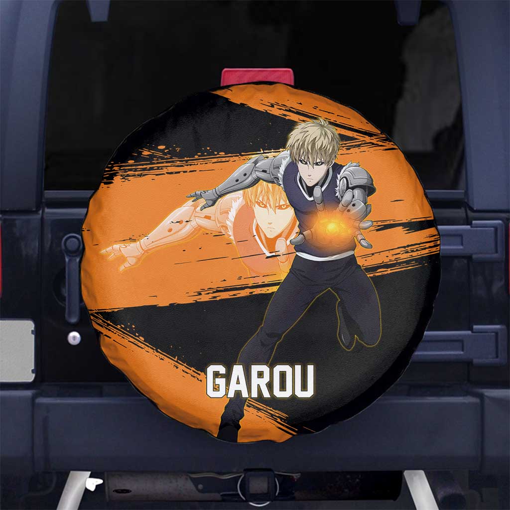 Genos One Punch Man Anime Orange and Black Theme Spare Tire Cover with Cyborg Arm Blast and Intense Action Pose - The Mazicc