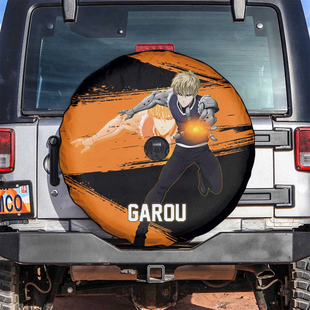 Genos One Punch Man Anime Orange and Black Theme Spare Tire Cover with Cyborg Arm Blast and Intense Action Pose - The Mazicc