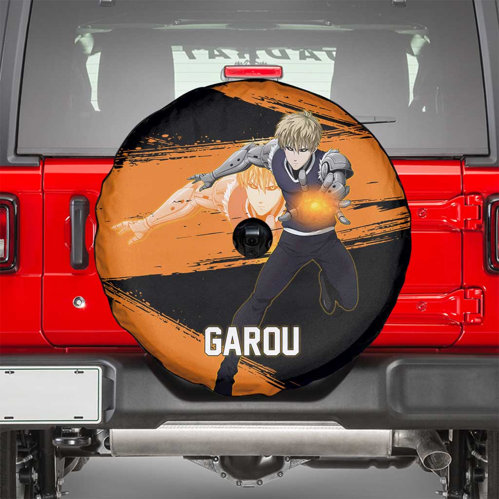 Genos One Punch Man Anime Orange and Black Theme Spare Tire Cover with Cyborg Arm Blast and Intense Action Pose - The Mazicc